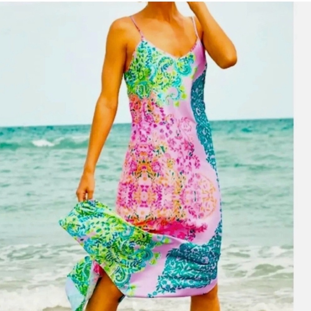 Bellalyn Satin Midi Dress in the "Multi Sunshine Vibes Engineered" print large - Picture 2 of 4